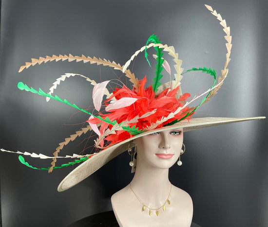 Taupe Red Green Ivory Pink Wide Brim Kentucky Derby Hat, Ascot Hat for Wedding & Tea Party, Garden Party Hat, Mother of the Bride, Church