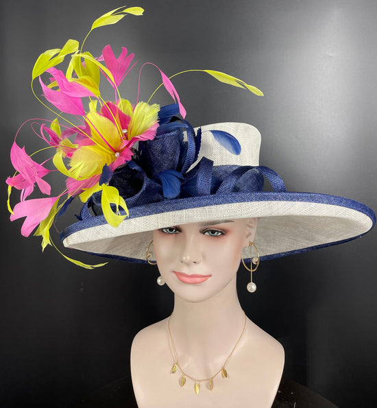 Sinamay Derby Hat: Wide Brim Feather Flower, Tea Party Wedding