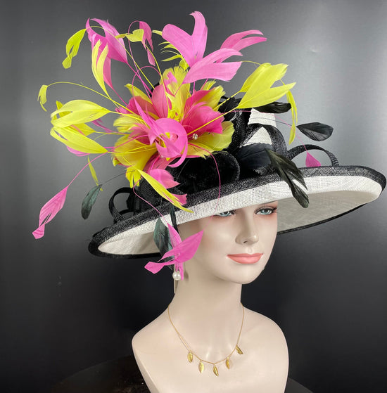Sinamay Derby Hat: Wide Brim Feathered Tea Party Ascot Hat