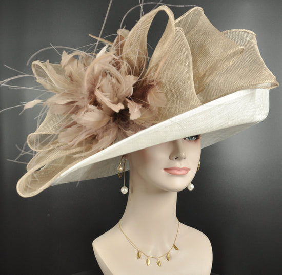 Wide Brim Kentucky Derby Hat, Ascot Hat for Wedding & Tea Party, Garden Party Hat, Mother of the Bride, Church White Taupe