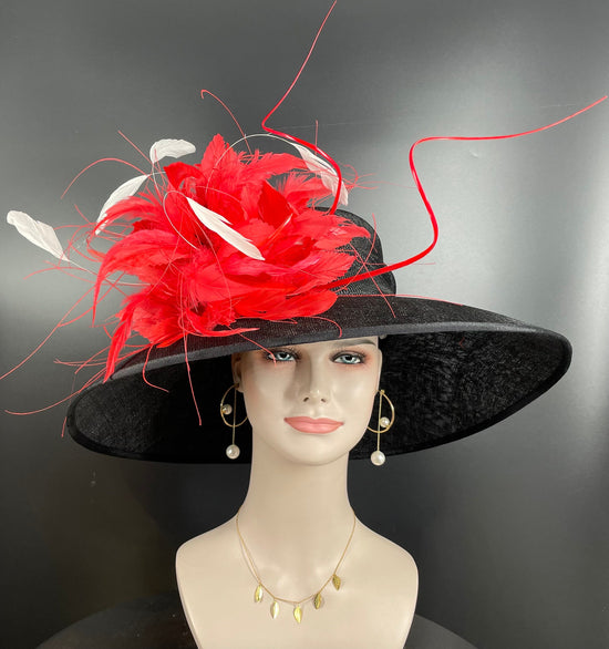 Wide Brim Sinamay Derby Hat: Black with Red Feather Flowers