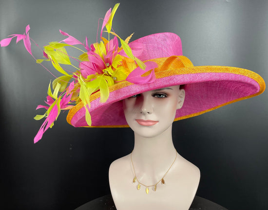 Wide Brim Sinamay Derby Hat, Hot Pink & Orange Feather Flower