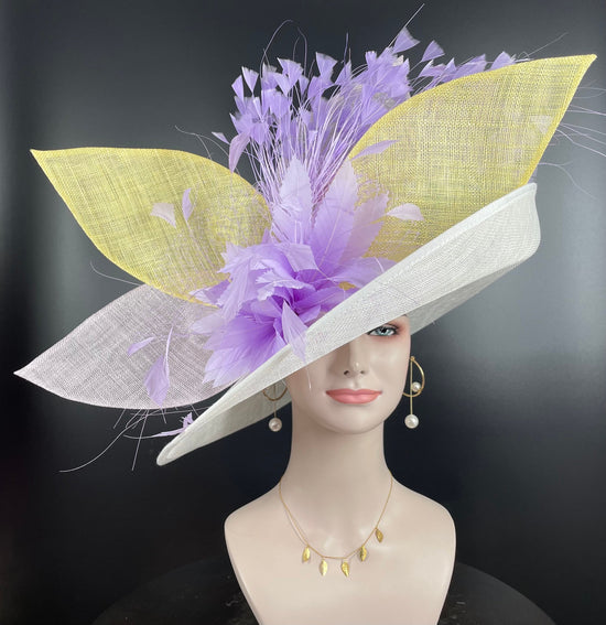 White Lavender Yellow Petal Design Wide Brim Kentucky Derby Hat,Ascot Hat for Wedding Tea Party, Garden Party Hat,Mother of the Bride,Church