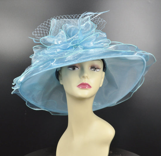 Blue Organza Derby Hat: Medium Brim Wedding Church Hat