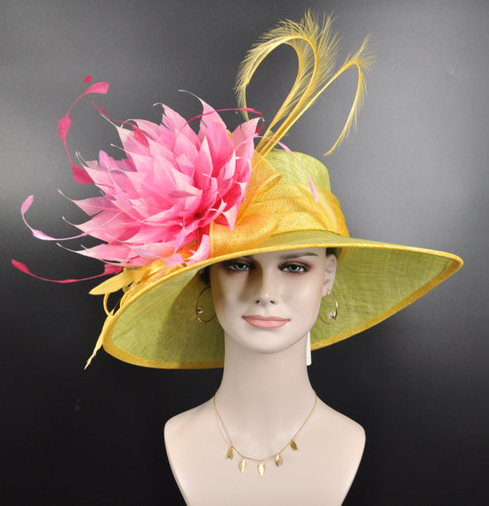 Wide Brim Sinamay Kentucky Derby Hat, Pink Floral Feather
