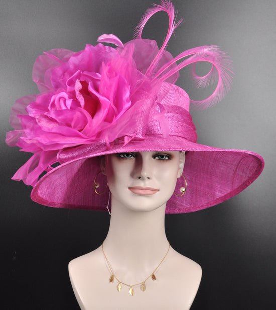 Hot Pink Sinamay Kentucky Derby Hat, Silk Flower Wide Brim