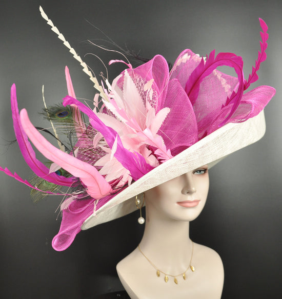 Sinamay Derby Hat: Wide Brim Feathered Church Hat