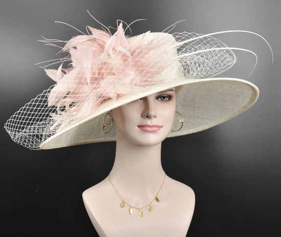 Wide Brim Kentucky Derby Hat, Ascot Hat for Wedding & Tea Party, Garden Party Hat, Mother of the Bride, Church-Off White/Ivory Blush Pink