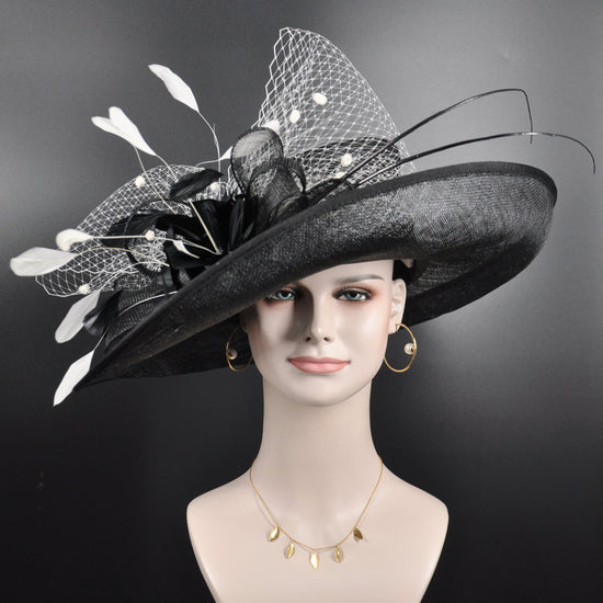 Sinamay Derby Hat: Black Wide Brim Feather Ascot Hat