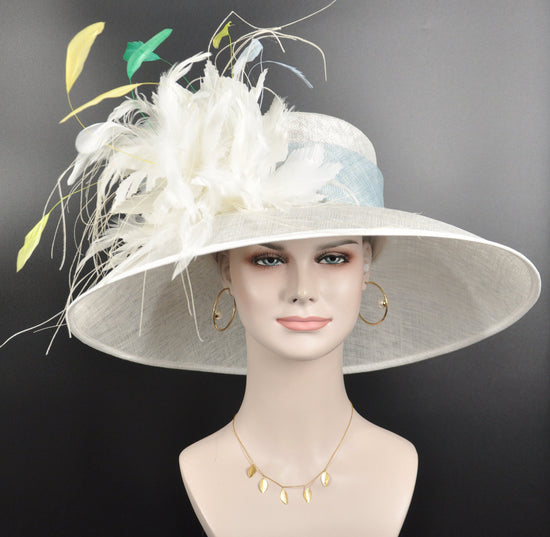 Wide Brim Sinamay Derby Hat: White Feather Flowers, Powder Blue Trim
