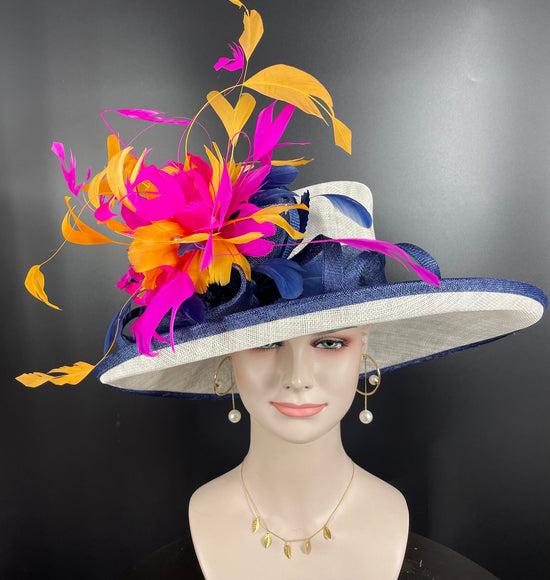 Sinamay Derby Hat: Wide Brim Feathered Tea Party Hat