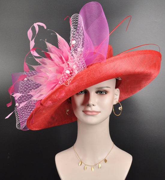 Red Sinamay Kentucky Derby Hat, Fuchsia Feather Flower, Wide Brim