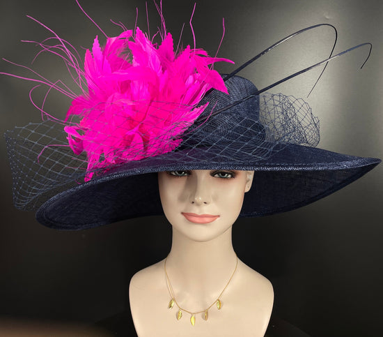 Navy Blue Sinamay Kentucky Derby Hat, Fuchsia Feather Flower