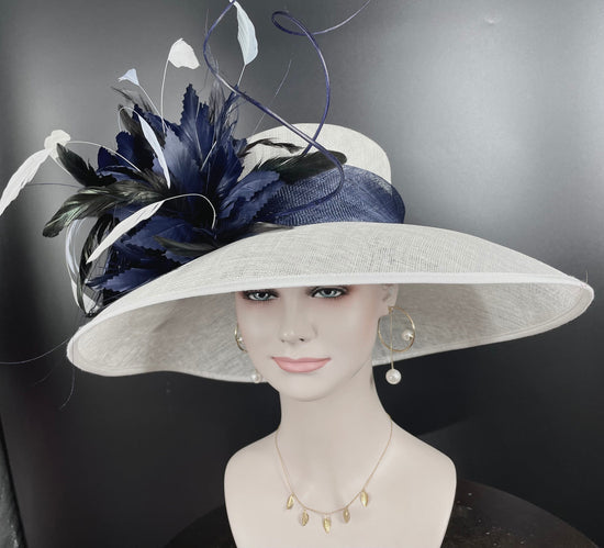 Wide Brim Sinamay Derby Hat: White Feather Flowers