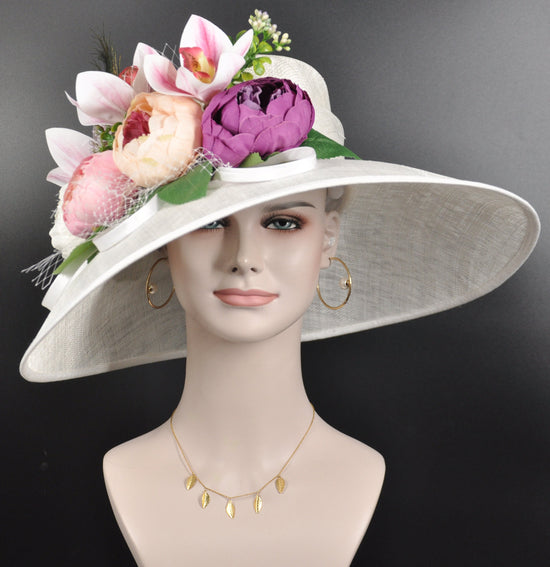 Wide Brim Sinamay Derby Hat: White Peony Orchid Design