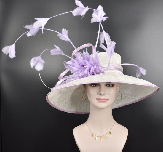 Lavender Derby Hat: Wide Brim Sinamay Feather Church Hat