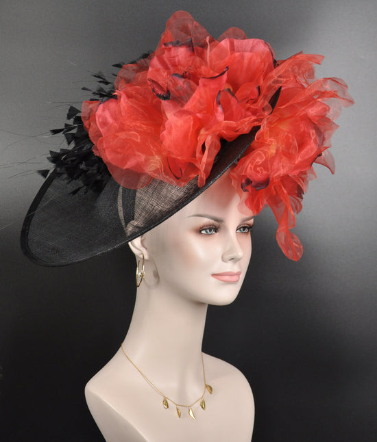 Black Sinamay Derby Hat: Red Silk Flower Fascinator
