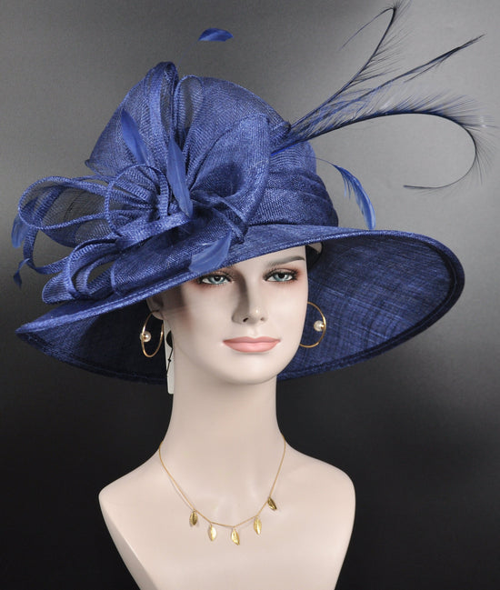 Wide Brim Kentucky Derby Hat, Ascot Hat for Wedding & Tea Party, Garden Party Hat, Mother of the Bride, Church Navy Blue
