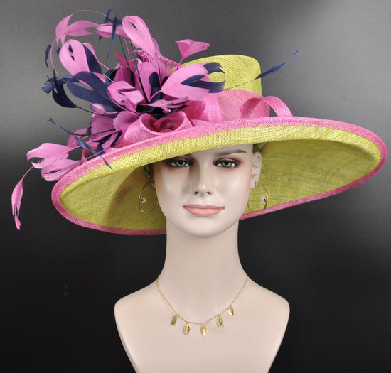 Sinamay Derby Hat: Lime Green, Navy & Hot Pink Feather Flower