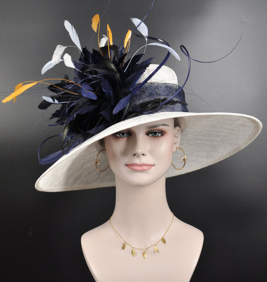 Wide Brim Kentucky Derby Hat, Ascot Hat for Wedding & Tea Party,Garden Party Hat,Mother of the Bride, Church White Navy Powder Blue Yellow