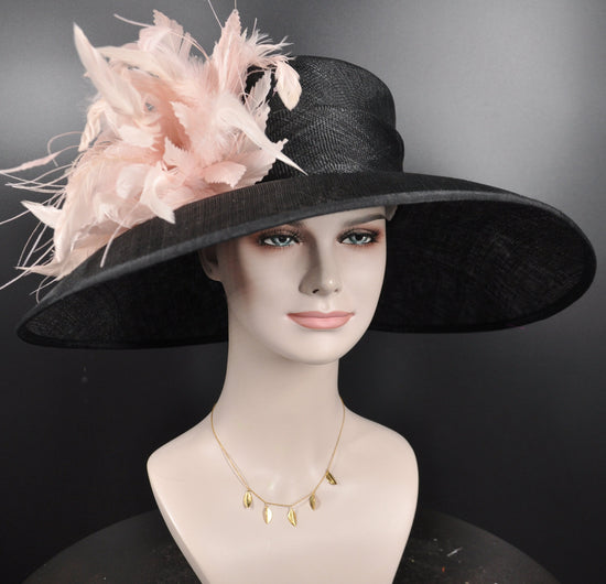Black Dusty Pink Feather Flower Wide Brim Kentucky Derby Hat,Ascot Hat for Wedding & Tea Party,Garden Party Hat, Mother of the Bride,Church
