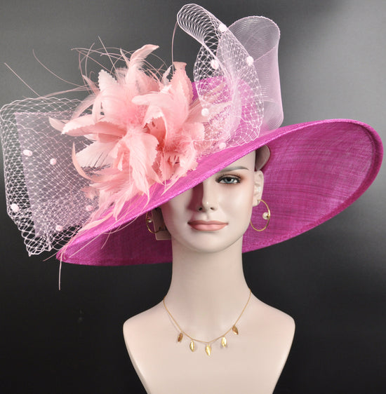 Fuchsia Sinamay Derby Hat: Pink Feather Flower, Wide Brim