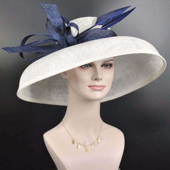 Audrey Hepburn Style Wide Brim Kentucky Derby Hat, Ascot Hat for Wedding Tea Party, Garden Party Hat, Mother of the Bride,Church White Navy