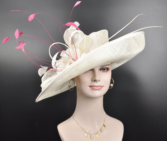 Wide Brim Kentucky Derby Hat, Ascot Hat for Wedding & Tea Party, Garden Party Hat, Mother of the Bride, Church Ivory Hot Pink