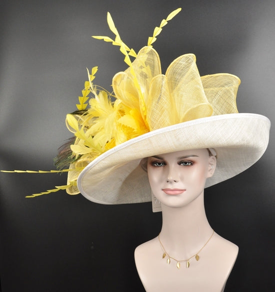 White Yellow Feather Wide Brim Sinamay Derby Hat, Feather & Bow Statement Hat, Ascot Fascinator for Wedding, Church, Tea Party