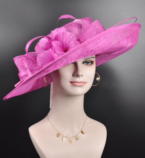 Fuchsia Pink Wide Brim Kentucky Derby Hat,Ascot Hat for Wedding & Tea Party, Garden Party Hat, Mother of the Bride, Church