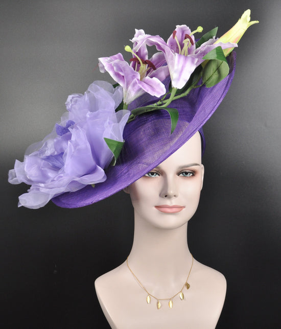 Purple Sinamay Fascinator Hat: Lilac Silk Flower Derby Hat