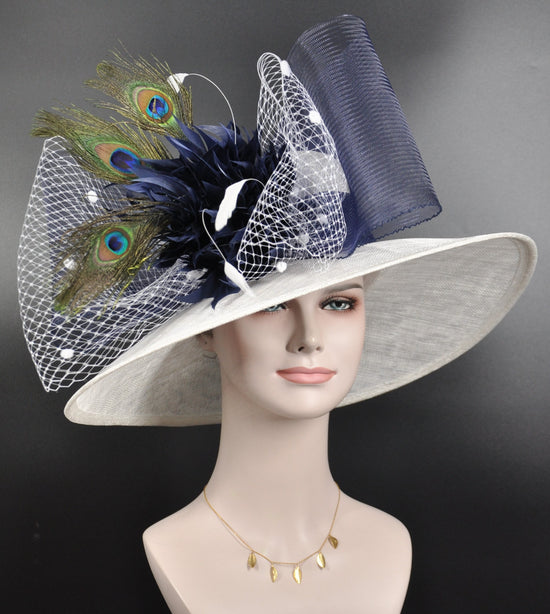 White Navy Blue Peacock Feathers Wide Brim Kentucky Derby Hat, Ascot Hat for Wedding Tea Party, Garden Party Hat, Mother of the Bride,Church