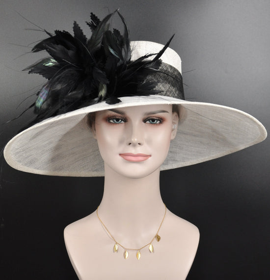 White Sinamay Derby Hat: Black Feather Flower, Wide Brim