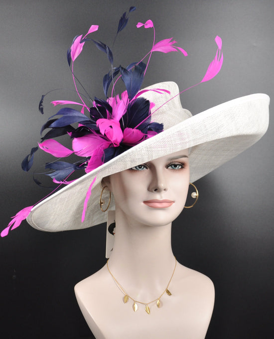 White, Navy, & Fuchsia Feather Flower Wide Brim Sinamay Hat For Kentucky Derby, Ascot Royal, Mother of The Bride, Church, Tea Garden Party