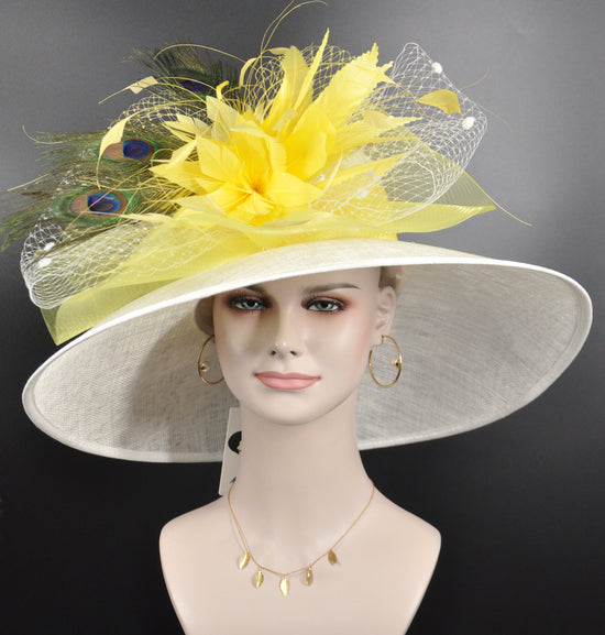 Wide Brim Sinamay Derby Hat: White & Yellow Peacock Feather
