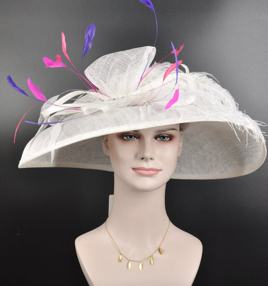Wide Brim Sinamay Derby Hat: White, Purple, & Pink Feather Flower