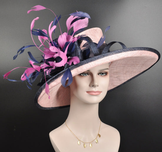 Blush Pink, Navy, Hot Pink Wide Brim Kentucky Derby Hat,Ascot Hat for Wedding & Tea Party, Garden Party Hat, Mother of the Bride, Church