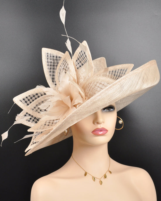 Wide Brim Kentucky Derby Hat, Ascot Hat for Wedding & Tea Party, Garden Party Hat, Mother of the Bride, Church Champagne