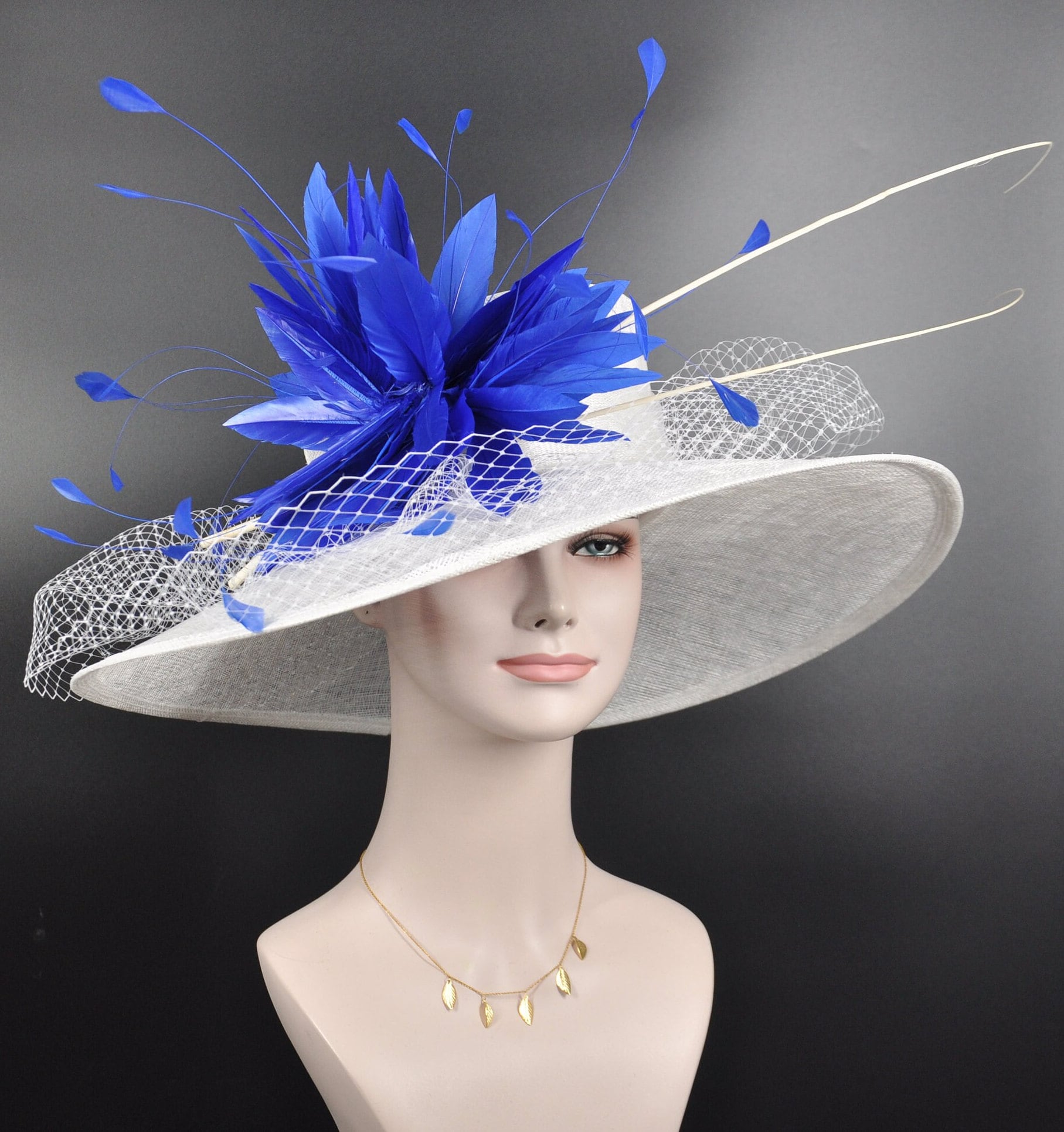 Wide Brim Sinamay Derby Hat: White with Royal Blue Feather Flower ...