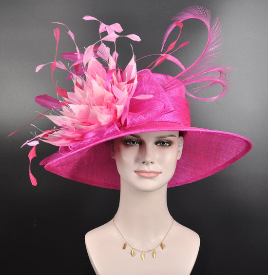 Hot Pink Sinamay Derby Hat: Wide Brim, Feather Fascinator