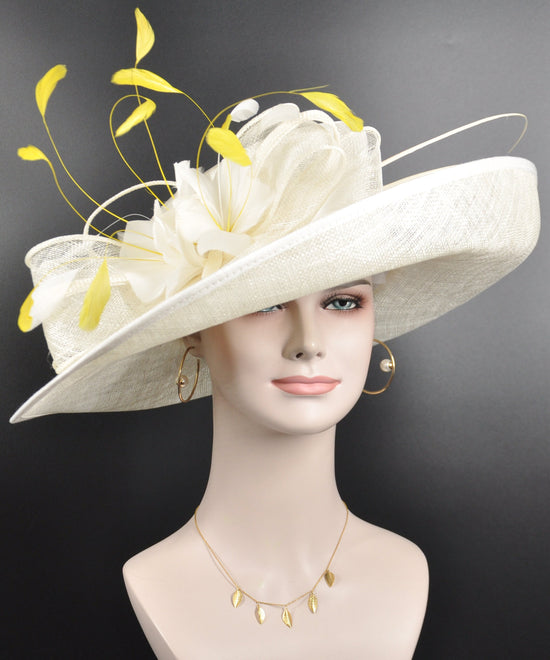 Wide Brim Kentucky Derby Hat, Ascot Hat for Wedding & Tea Party, Garden Party Hat, Mother of the Bride, Church Ivory/Off White w Yellow
