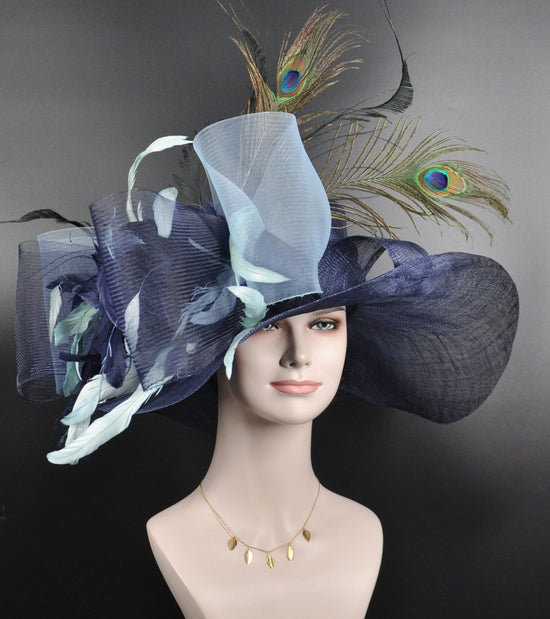 Navy Blue Powder Blue Sinamay Kentucky Derby Hat, Ascor Royal Hat, Tea Garden Wedding Party Hat, Mother of the Bride Hat, Church Hat