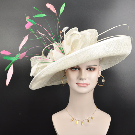 Wide Brim Sinamay Derby Hat: Ivory Feathered Tea Party Hat