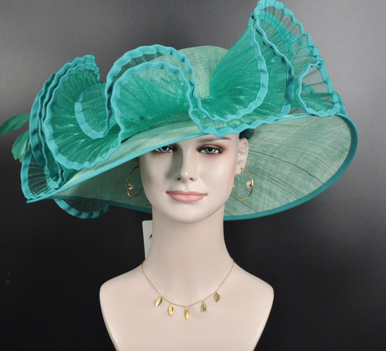 Wide Brim Kentucky Derby Hat, Ascot Hat for Wedding & Tea Party, Garden Party Hat, Mother of the Bride, Church Turquoise Green