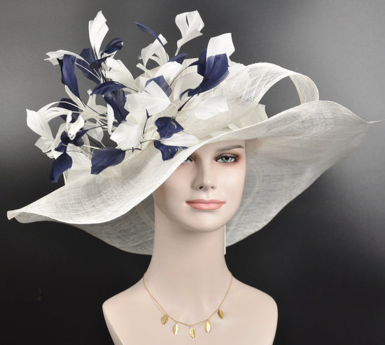 White Navy Feather Wide Brim Sinamay Hat for Kentucky Derby,Ascot Royal,Tea Garden Party,Easter Day,Mother of The Bride Elegant Occasion Hat