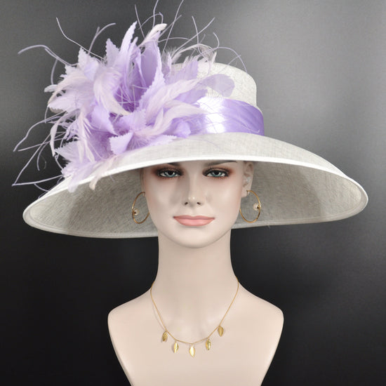 Sinamay Derby Hat: White Wide Brim with Lavender Feather Flower