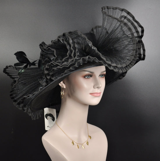 Black Feathered Wide Brim Sinamay hat, Kentucky derby Hat, Wedding Guest Hat, Tea Party Hat, Ascot Royal Style Hat,Oaks Day Hat