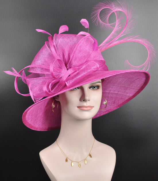 Hot Pink Sinamay Kentucky Derby Hat, Feather Fascinator