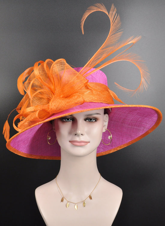 Fuchsia & Orange Sinamay Derby Hat: Wide Brim Feathered Tea Party Hat
