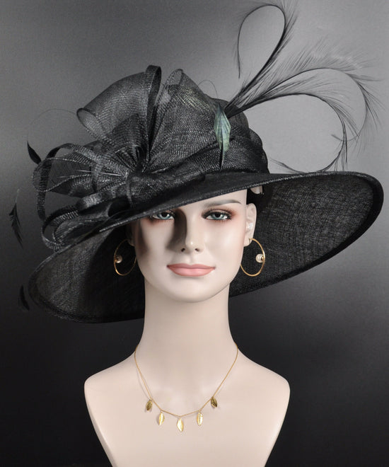 Black Wide Brim Sinamay Derby Hat with Feathers